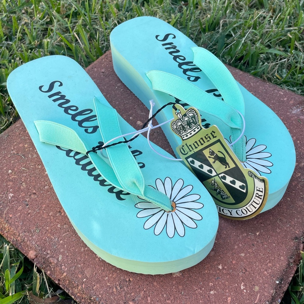 Juicy Couture: Smells Like Couture Teal Flip Flops with Floral Accent